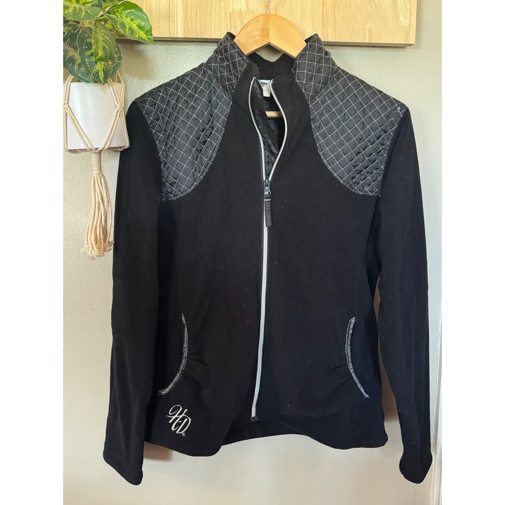 Harley-Davidson Womens Black Fleece Full Zip Jacket Quilted Shoulders Large